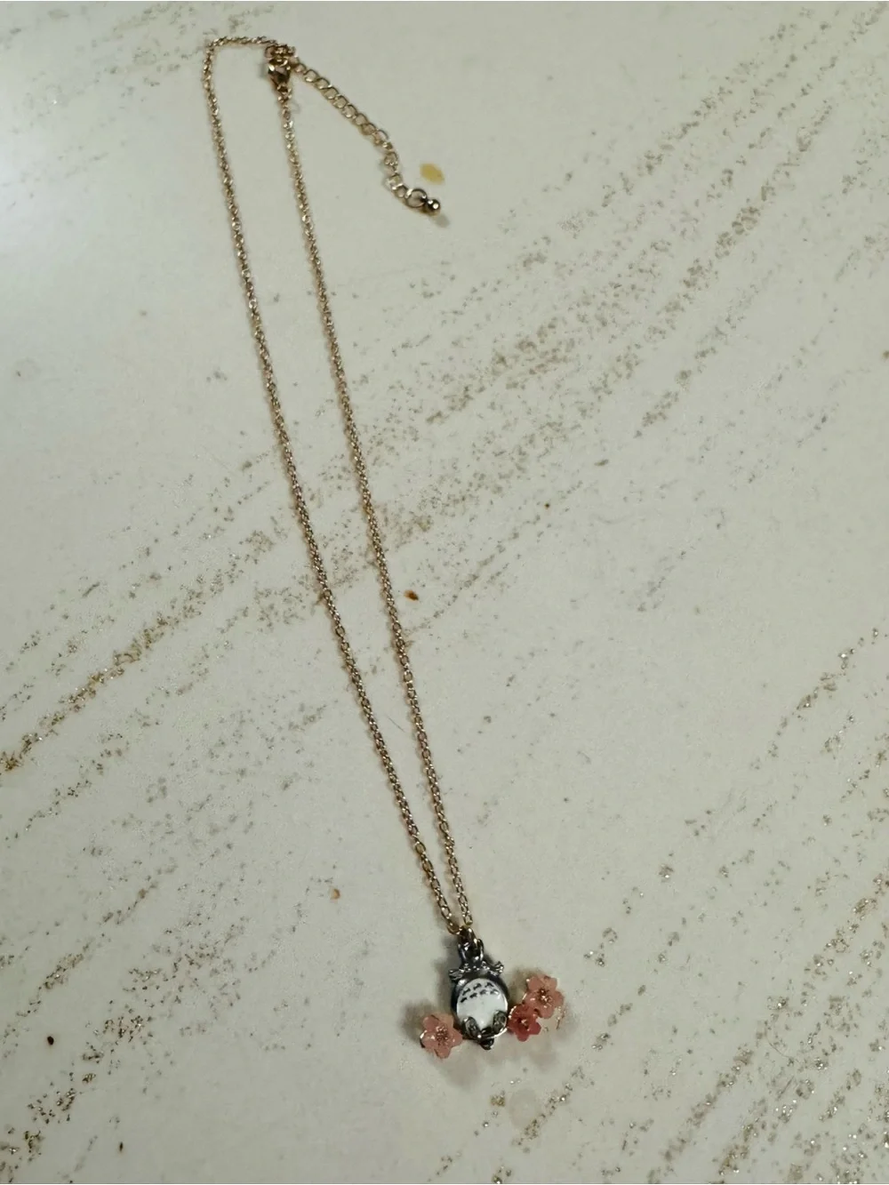 My Neighbor Totoro Pendant Necklace with Pink Flower Accents, gold chain